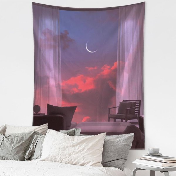 Tapiz Colgante De Pared Escenario De Ventana Al Atardecer Bohemio Moderno Arte De Paisaje Dormitorio Sala De Estar DecoracióN Del Hogar 95X70Cm Gray-image