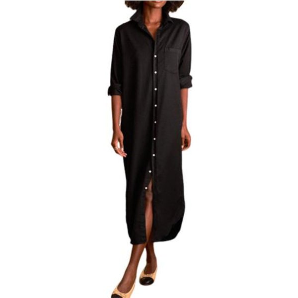 Vestido Camisero Vaquero Casual Para Mujer Manga Larga Remangable Abotonado Maxi S Negro-image