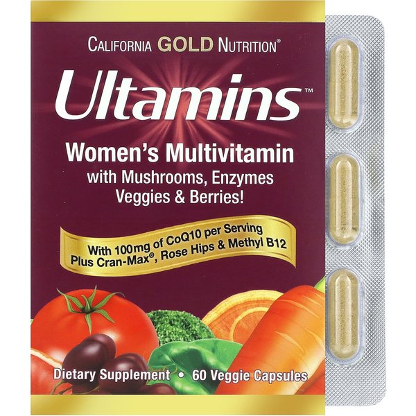 California Gold Nutrition, Ultamins Women's Multivitamin Z Coq10, Z Grzybami, Enzymami, Warzywami I Jagodami, 60 KapsułEk WegetariańSkich-image