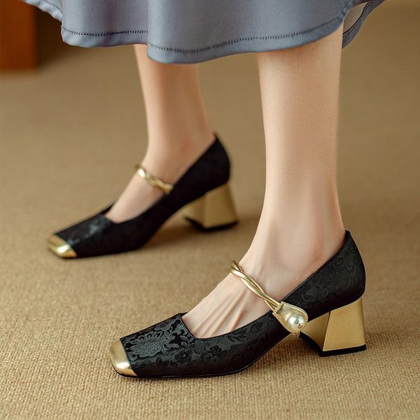 Moda Moda Zapatos De Mujer DiseñAdor Punta Cuadrada Tacones Altos Elegantes TacóN Grueso Zapatos De SalóN Individuales Para Mujer Zapatos Cheongsam Mary Jane 39 Negro-image