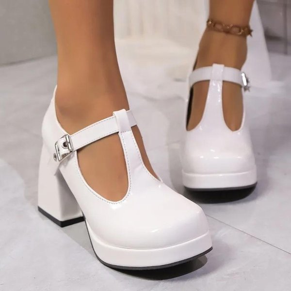 Zapatos Femeninos Mary Janes Zapatos De TacóN Alto Para Mujer Talla Grande Zapatos De Vestir Para Mujer Punta Redonda Correa Con Hebilla Tacones Gruesos Zapatos Mujer 39 Blanco-image