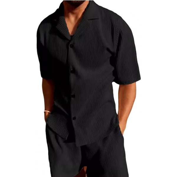 Conjunto De 2 Piezas Para Hombre, Camisa De Manga Corta Con Solapa Y Botonadura Sencilla, Cintura EláStica, Bolsillos Y Pantalones Cortos De Pierna Ancha, Conjunto Con Textura De Gofre S Negro-image