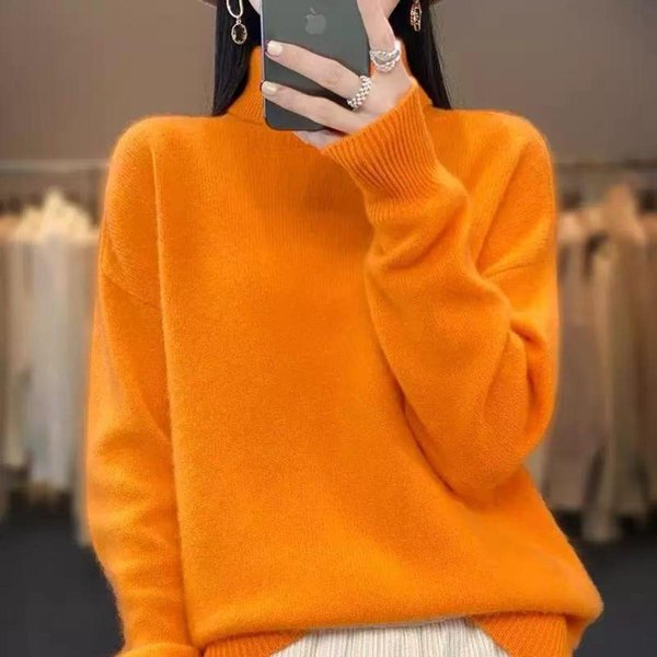 Damski Sweter Z Golfem I DłUgim RęKawem, Dzianinowy, LuźNy KróJ, Elegancki, Casualowy, GłAdki, Z Mieszanki Kaszmiru, Pulower XL PomarańCzowy-image