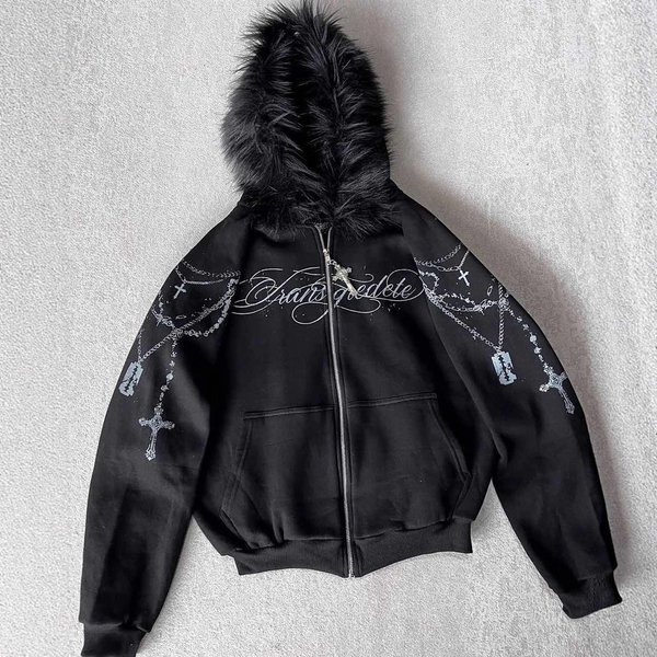 Luxeon Retro Americano Rock GóTico GráFico Cuello De Piel Holgada Cremallera Sudadera Y2K Nuevo Harajuku Punk Casual Joker Sudadera Con Capucha Streetwear XXL-image