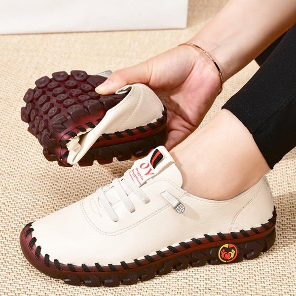 Nuevos Zapatos Casuales De Primavera Para Mujer, Mocasines De Plataforma Con Cordones De Cuero, Zapatos Planos Sin Cordones Para Mamá 39 Blanco-image