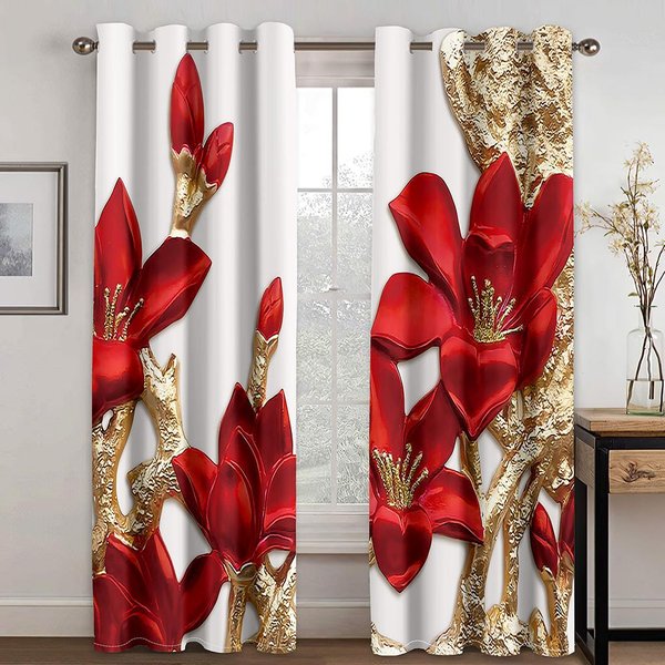 2 Szt. Kwiat Czerwonej RóżY Diamentowe ZłOto 3D Design Luksusowa Dziewczyna ZasłOny Okienne Do Salonu Sypialnia Drzwi Kuchenne PrzedpokóJ Home Decor W60H60(Cm)X2Pcs&Grommet Top-image