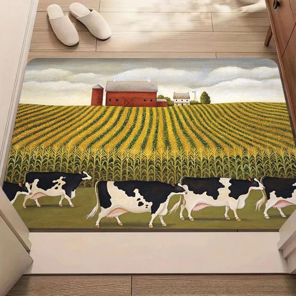 Vintage Wiejska Krajobraz Z Krowami Wycieraczka AntypośLizgowa Odporna Na ŚCieranie Mata WejśCiowa Na Drzwi WejśCiowe Wiejska Sztuka Ludowa Mata Domowa WewnęTrzna 80X120Cm-Felt-image