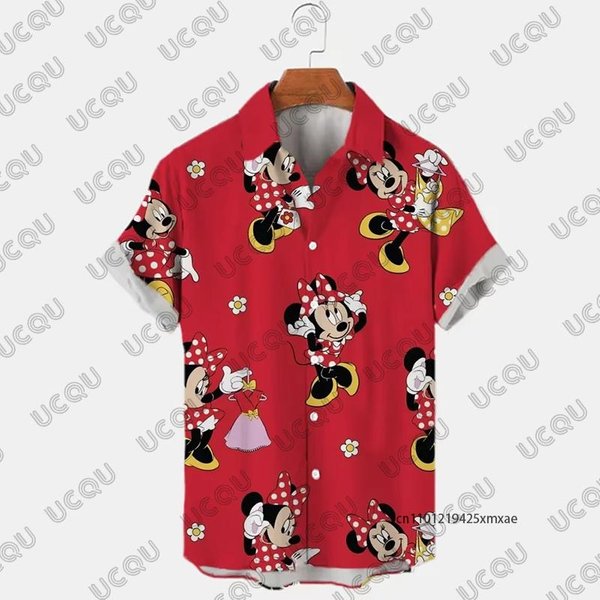 2026 Disney Mickey Mouse Dibujo Animado Estampado Verano HawáI Hombres Solapa Manga Corta Camisa Casual Playa Vacaciones Oversize Adulto Top M Red-image