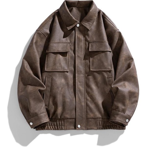 Chaqueta De Cuero PU Regular Retro Para Hombre Y Mujer Modelos VersáTiles Tendencia Primavera Y OtoñO Chaqueta De Cuero Holgada Chaqueta De Trabajo 3XL-image