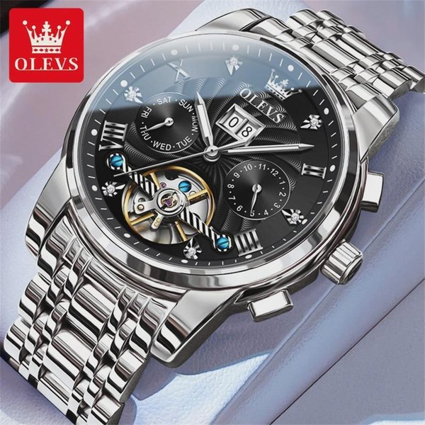Olevs Luksusowy ZłOty Mechaniczny Zegarek Tourbillon Dla MężCzyzn Stal Nierdzewna Wodoodporny Luminescencyjny Data Biznesowe MęSkie Zegarki Black-image