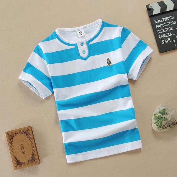 Letni DziecięCy T-Shirt Z KróTkim RęKawem Dla ChłOpcóW I Dziewczynek W Paski TęCza BawełNiany RozciąGliwy I OddychająCy 120Cm Blue-image