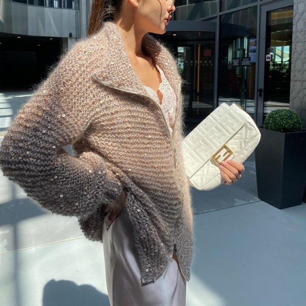 Damski Sweter Z Kapturem I Dekoltem W Serek, Dzianinowy, LuźNy, W Leniwym Stylu, Z Cekinami, Z DłUgim RęKawem, Pulower Na Jesień I Zimę Size Beige-image