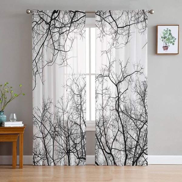 Czarne BiałE GałęZie Przezroczyste ZasłOny Do Dekoracji Salonu ZasłOny Okienne Do Kuchni Tiul Woal Organza W135 X H115Cm X1 White-image