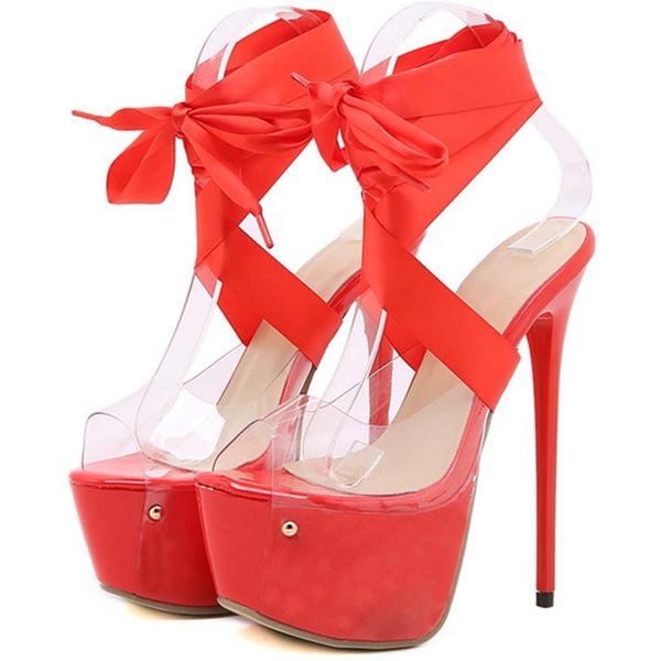 Liyke Sandalias Sexy Rojas De Plataforma Con Cordones Hasta El Muslo Para Mujer 16.5 CM Zapatos Transparentes Tacones De Aguja Peep Toe Discoteca Stripper 35 Rojo-image