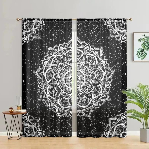 2 Piezas, Cortinas Bohemias Con DiseñO De Mandala Floral En Negro Y Dorado, Semi Opacas, Adecuadas Para Sala De Estar, Dormitorio, Cocina Y DecoracióN Del Hogar. W150CM H166Cm&Rod Pocket-image