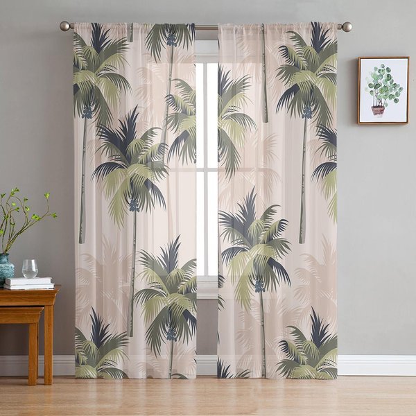 Cortinas Transparentes Con DiseñO De Palmeras Tropicales Para Sala De Estar, Cocina, Tul, Gasa Y Organza. W135 X H115Cm X1-image