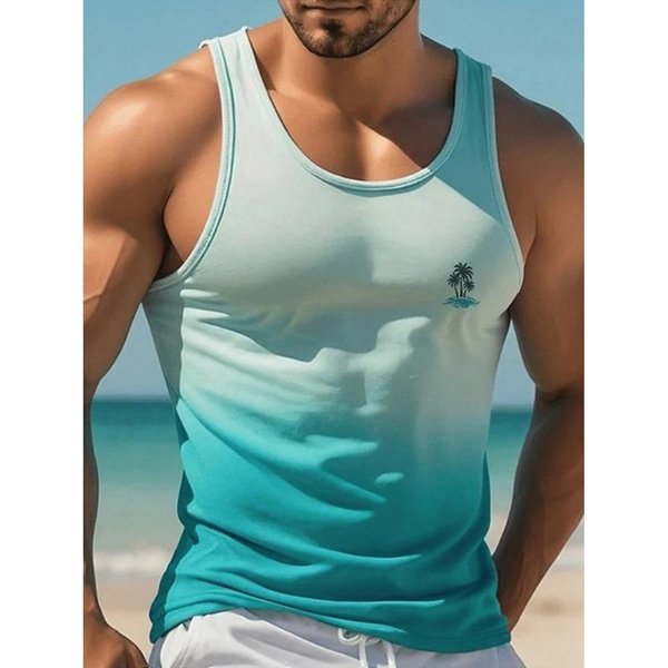 Letni Top Z OkrąGłYm Dekoltem 3D Jednolity Kolor Gradientowy WzóR Drzewa Kokosowego Nadrukowany Modny Casualowy Hawajski Styl Bez RęKawóW Kamizelka MęSkie T-Shirty 6XL-image