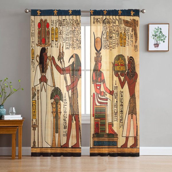 Cortinas Transparentes Con DiseñO De Arte Egipcio Para DecoracióN De Sala De Estar, Cortinas Para Ventanas De Cocina, Cortinas De Organza Y Gasa De Tul W135 X H115Cm X1-image