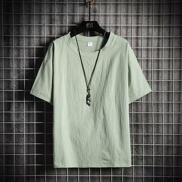 Lniany T-Shirt Z KróTkim RęKawem MęSki Letni LuźNy BawełNiany I Lniany Z PółRęKawem Jednokolorowy T-Shirt S Zielony-image