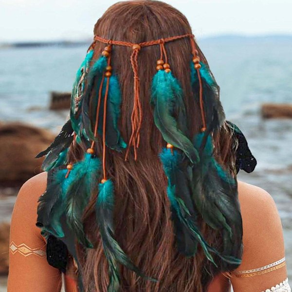 Boho Opaska Z PióR Hippisowska Opaska Na GłOwę CygańSka Ozdoba GłOwy Z PióR Indyjski Kostium Nakrycie GłOwy Akcesorium Do WłOsóW Dla Kobiet Niebieski-image