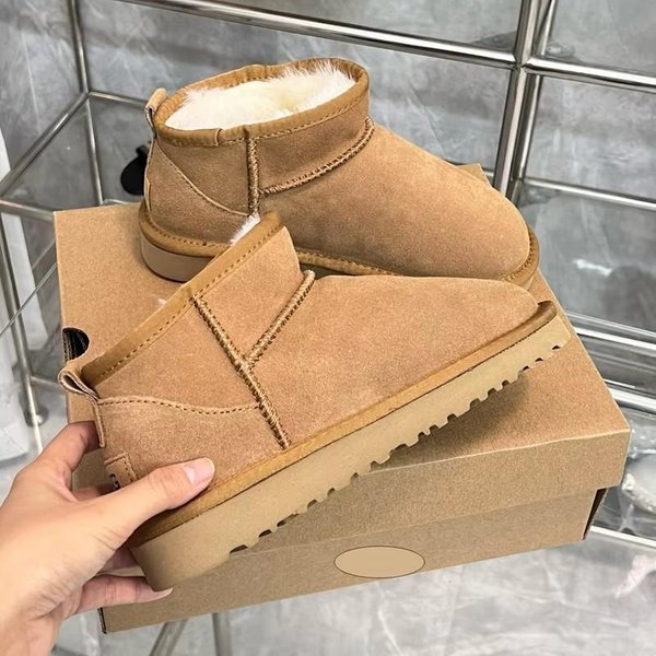 Nowe Damskie Zimowe Ultra Mini Buty Projektant Platformy CiepłE SkóRzane Kostki Futrzane Kapcie Luksusowe Buty 35-44 44 BrąZowy-image