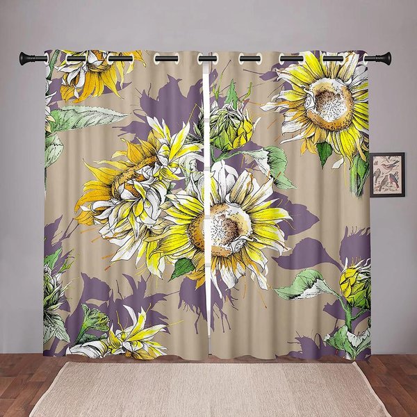 Cortinas Estampadas De Girasol Retro, Tratamiento Fino Para Ventana Para Dormitorio, Oficina, Cocina, Sala De Estar, Puerta De Cocina DecoracióN Del Hogar En Oferta W50Xh130(Cm)X2Pcs&Grommet Top-image