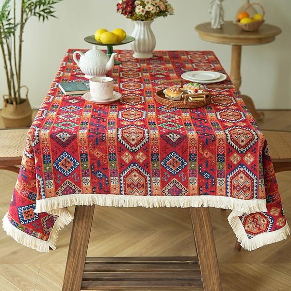 Bohemian Styl Obrus ŻAkardowy Czerwony ŚWiąTeczny Obrus Gruba Pokrywa StołU Jadalnianego Do Kuchni I Jadalni Dekoracja 100X140Cm-image
