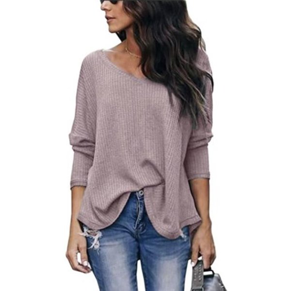 OtoñO Mujer Color SóLido Casual Holgado Cuello En V Talla Grande Manga Larga Camiseta BáSica Top M Gray-image