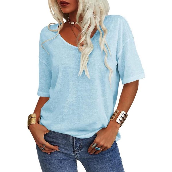Damska LuźNa Koszulka Z Dekoltem W Serek I KróTkim RęKawem - Codzienny Basicowy Top 4XL Gray-image