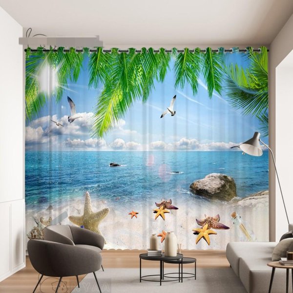 Cortinas Azules De 2 Paneles Gaviota Maldiva Cocotero Cortinas Para Dormitorio Sala De Estar Cocina Persianas De Ventana Cortinas 2X60Wx50H(Cm)&Grommet Top-image