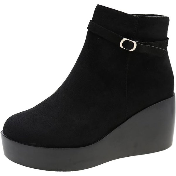Zapatos De Mujer Moda Cremallera Lateral Botas De Mujer Invierno Punta Redonda SóLido CañA Corta Plataforma CuñA Talla Grande Botas De Moda 36 Negro-image