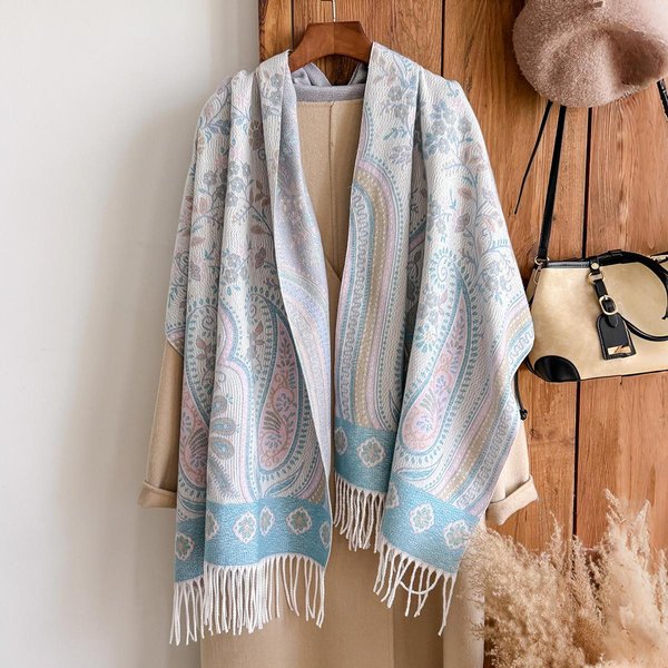 Echarpe De Invierno De Cachemira Para Mujer - Pashmina Estampado Floral Vintage Con Borlas Estilo Pintura Al ÓLeo Abrigo Grueso Y Echarpe Gray-image