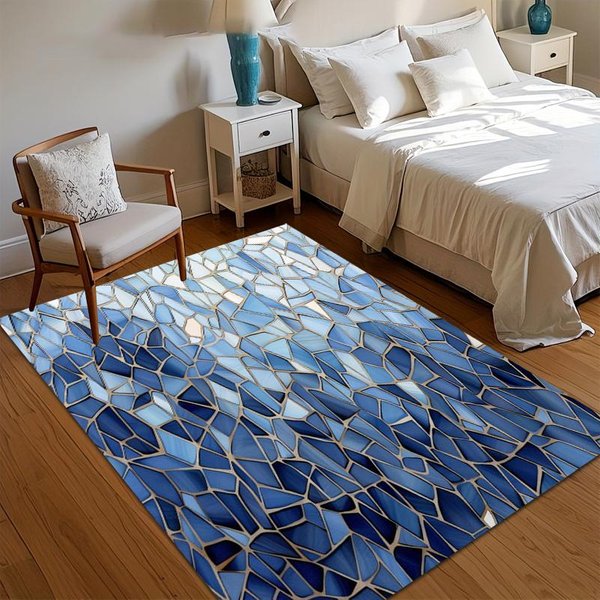 Niebieski Dywanik Obszarowy Mozaika AntypośLizgowy Zmywalny Dywanik PodłOgowy Do Salonu Sypialni Przedpokoju Z Nieregularnym Wzorem PłYtki 80X120Cm-image