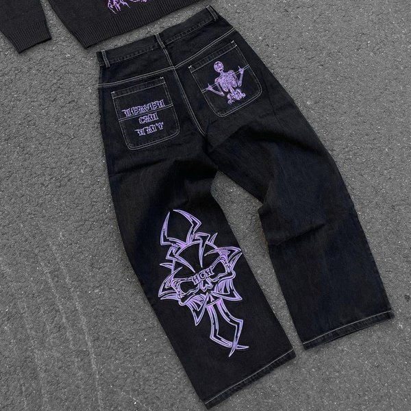 Luxeon Y2K DżInsy MęSkie Hip Hop Retro Haft Czaszka Spodnie Jeansowe Baggy Nowe Proste Codzienne LuźNe Szerokie Nogawki Spodnie Streetwear L Fioletowy-image