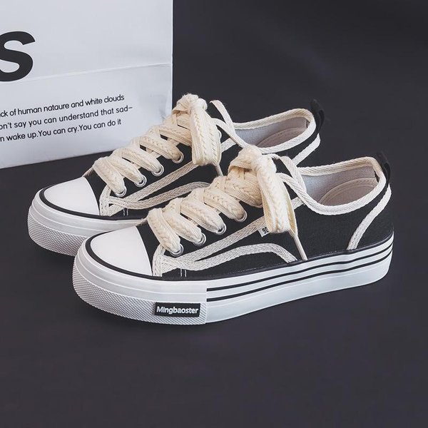 Zapatos De Lona Para Mujer Primavera Nuevos Plataforma Galleta Zapatos Nicho Ins VersáTiles Casual Zapatos De Tabla 40 Negro-image