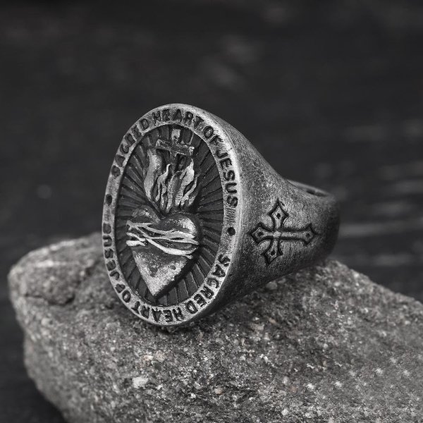 Vintage MęSki PierśCionek Ze Stali Nierdzewnej Z NajśWięTszym Sercem Religijny Retro PierśCionki Z KrzyżEm Jezusa Zbawiciela Dla MężCzyzn Kobiet Retro Amulet BiżUteria 12 Gray-image