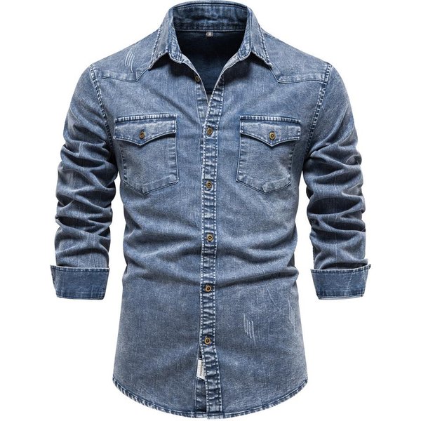 OtoñO E Invierno Nuevo TamañO Europeo Camisa De Mezclilla Para Hombre Calidad Industria Pesada Lavada Camisa Vieja Hombre XXL Azul Marino-image