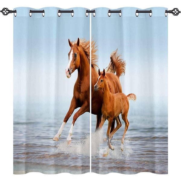 PatróN De ImpresióN 3D De Pintura ArtíStica Caballos Corriendo En Arroyo De RíO Forestal Cortinas Cortinas De Ventana Con ImpresióN 3D Para Dormitorio Sala De Estar 100W160H(Cm)40X63In&Grommet Top-image