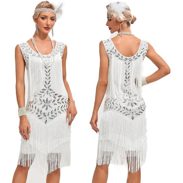 Vestido De Fiesta Estilo Gatsby Vintage, Cuello Redondo, Tirantes Bordados Con Lentejuelas, Vestido De Talla Grande M Blanco-image