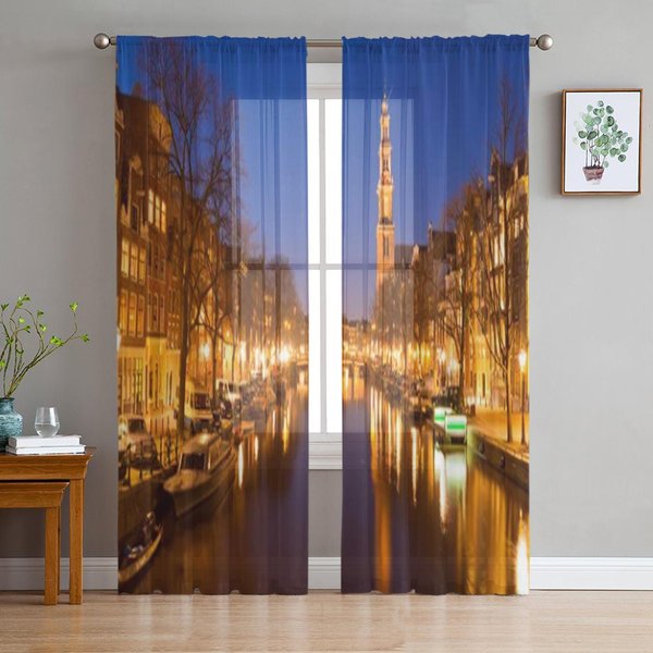 Vista Nocturna Lujosas Cortinas Transparentes De Gasa Para DecoracióN De Sala De Estar Dormitorio Visillos De Ventana Cortina De Tul 135W X 114H(Cm) Brown-image