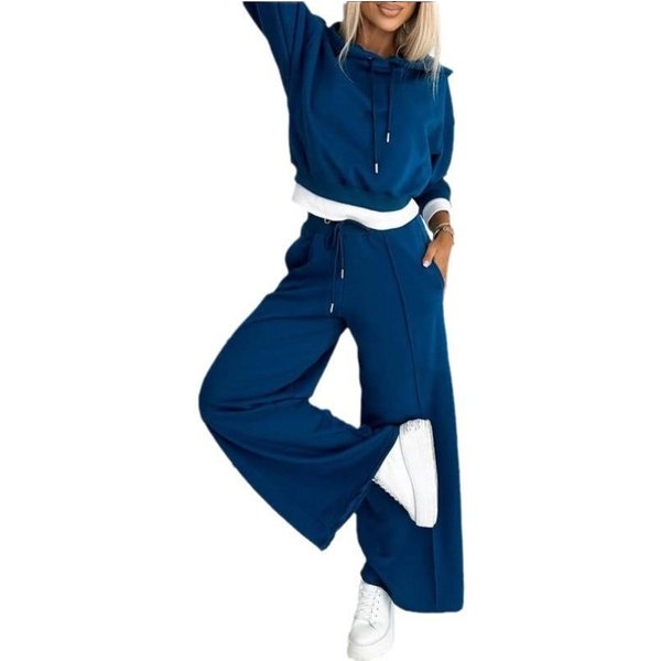 Elegancki Damski Zestaw Jesień Zima Swobodny Y2K Bluza Z Kapturem Sportowe Szerokie Spodnie DwuczęśCiowy Garnitur Dla Kobiet Streetwear S Royal Niebieski Kolor-image