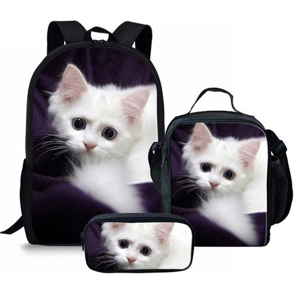 CláSico Popular Novedad Divertido Gatito Gato ImpresióN 3D 3Uds/Set Pupila Mochilas Escolares PortáTil Mochila De DíA Mochila Bolsa De Almuerzo Estuche-image