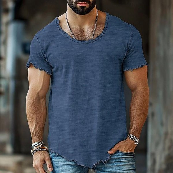 Camiseta De Manga Corta Ajustada Para Hombre, Color Liso, Con Dobladillo Deshilachado L Azul Royal-image