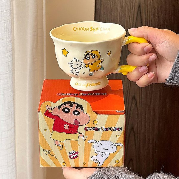 Taza Crayon Shin Shien Linda Taza De Agua De CeráMica De Dibujos Animados Pareja De Aspecto Alto Taza De Café Taza De Leche Para Desayuno Para NiñOs 380ML-image