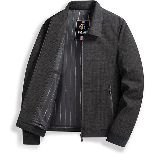 Nuevo Abrigo De Primavera Y OtoñO Para Papá De Mediana Edad Chaqueta Casual Holgada Para Hombre Solapa Cremallera Cuadros XL Black-image