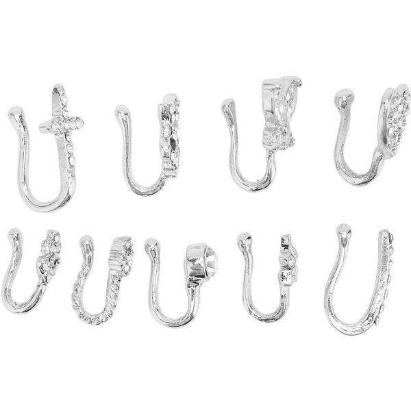 9 Piezas Anillos De Nariz Falsos Brillantes Modernos Kit De Clip Para Nariz Sin PerforacióN Anillos De Nariz Falsos Para Mujeres Plata Plata-image