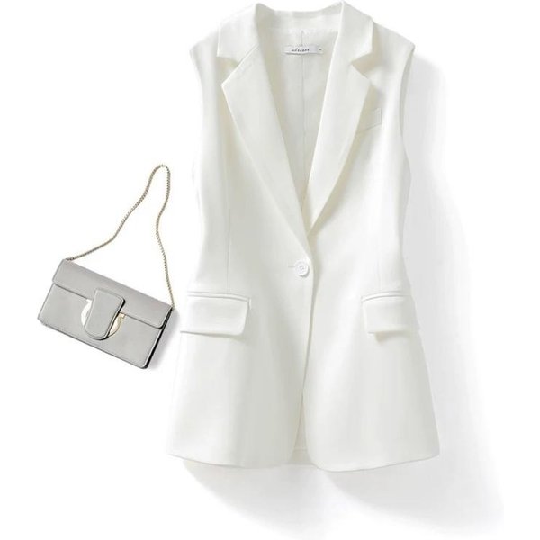 Chaleco De Solapa Delgado De Primavera Y Verano Para Mujer Chalecos De Traje De Color SóLido Sin Mangas De Un Solo Pecho M Blanco-image