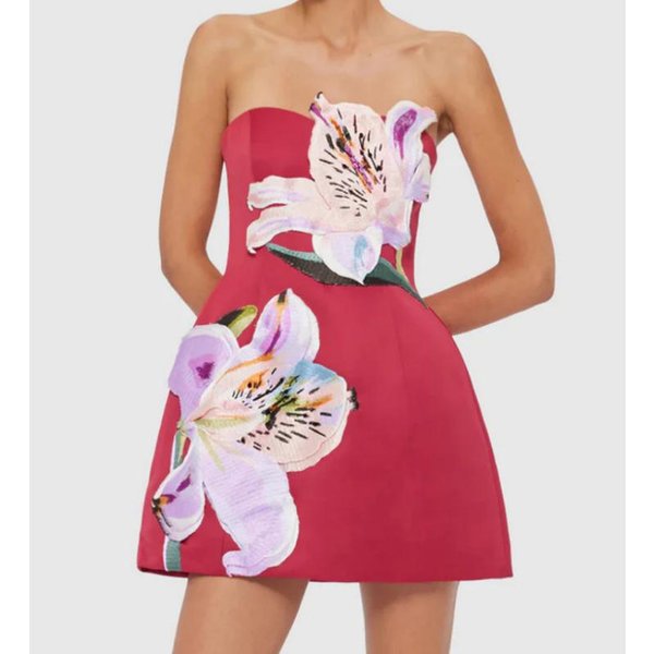 Letnia Damska Mini Sukienka Bez RamiąCzek, Patchwork Z Kwiatami 3D, Linia A, Elegancka, Modna, Na Imprezę Koktajlową, KróTka Sukienka Tubowa M Czerwony-image