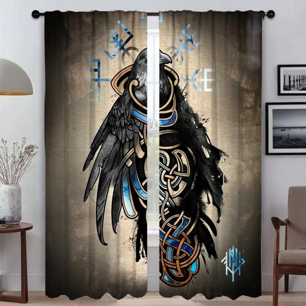 Wikingowie Kruki Odyna Muninn Eleganckie ZasłOny Pokojowe 2 Sztuki Rolety ZasłOny Okienne Do Sypialni Dekoracja Halloween Dziecko W50Xh70Cmx2Pcs-Cl-image