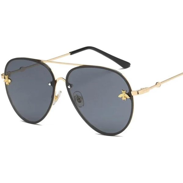 Modne Luksusowe Bezramkowe Metalowa Oprawka Okulary PrzeciwsłOneczne PszczołA Kobiety MężCzyźNi Vintage OkrąGłE Oversize Lustrzane Okulary PrzeciwsłOneczne Marka Projektant UV400 Czarny-image